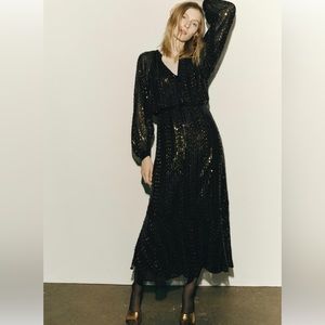 Zara black and gold sequin maxi dress with long sleeves. XSMALL new with tags